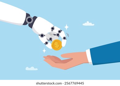 Artificial intelligence AI make money, data licensing resource for AI training payment, automation investment, robot trading or banking concept, AI robot hand giving dollar money to businessman.