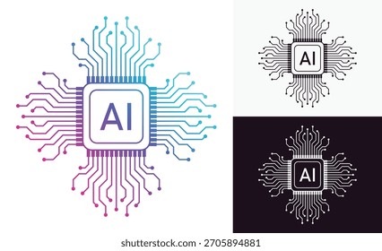Künstliche Intelligenz AI Mikrochip mit Neuronalen Schaltungsentwurf. Vektorgrafik eines KI-Prozessors mit neuronalen Schaltkreisen, die maschinelles Lernen, tiefes Lernen und intelligente Systeme darstellen