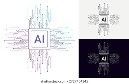 Artificial Intelligence AI Microchip with Neural Circuit Design. Vector Illustration of an AI Processor with Neural Circuitry Representing Machine Learning, Deep Learning and Intelligent Systems