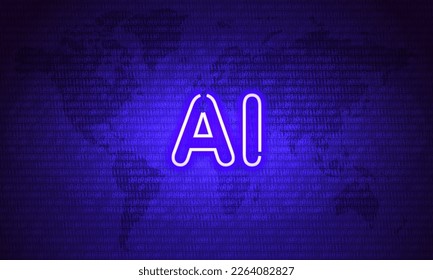 Artificial Intelligence. AI. Neon Symbol on Blue Map Background with Binary code. Data Concept. Vintage electric signboard with bright neon lights. Technology connection. Vector illustration