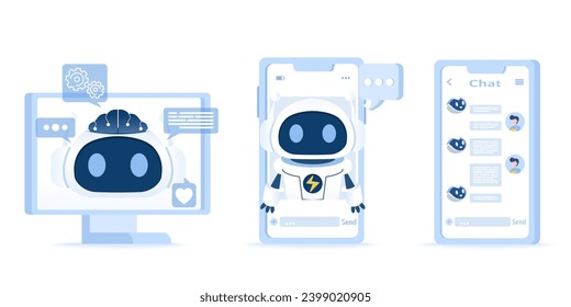 Inteligencia Artificial (AI) y conjunto de recopilación de tecnología de comunicación en línea. Comunicación en línea, asistente, charlando, hablando y pensando. Ilustración de diseño de vector plano.