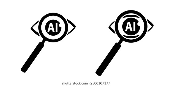 Artificial intelligence AI pictogram and magnifier eye icon. Looking with magnifying glass, lens. Searching or finding and ai generated. Search, explore tools. Search pictogram or logo