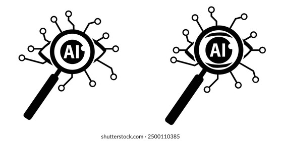 Artificial intelligence AI pictogram and magnifier eye icon. Looking with magnifying glass, lens. Searching or finding and ai generated. Search, explore tools. Search pictogram or logo