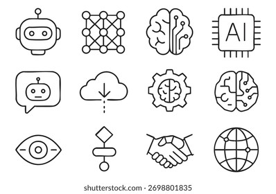 Artificial intelligence AI pictogram. Technology related to artificial intelligence, computers and systems that are intelligent, graphic of robot. Vector ai generated logo or symbol.