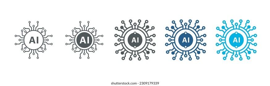 Artificial intelligence AI processor chip icon.AI Processor circuit vector set.Mini AI CPU icon in flat style thin line icon collection on white background.Vector illustration.