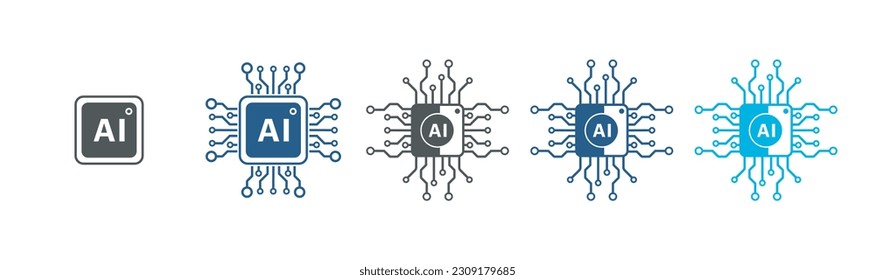 Inteligencia artificial Icono de chip de procesador AI.Juego de vectores de circuito de procesador AI.Mini icono de CPU AI en línea plana colección de iconos de línea delgada en fondo blanco.Ilustración vectorial.