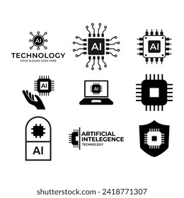 Icono de chip de procesador AI de inteligencia artificial. Juego de vectores de circuito del procesador AI. 