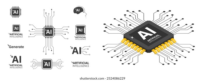 Inteligência artificial AI processador chip icon.AI Processador circuito vetor conjunto. Coleção de ícones do Mini AI CPU