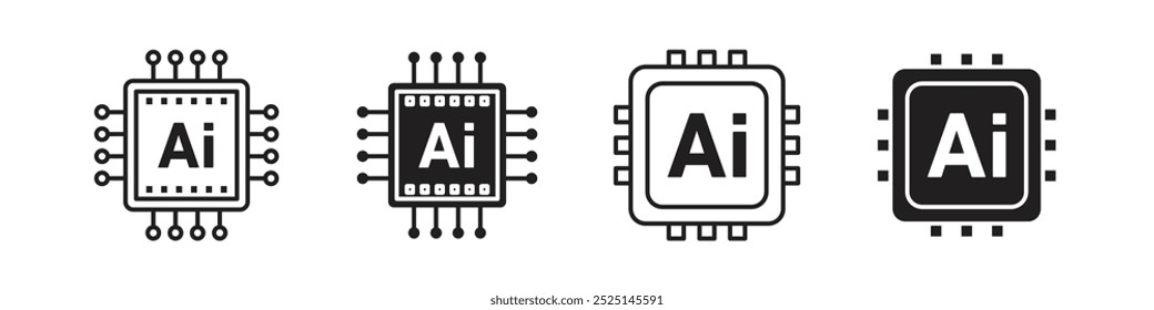 Artificial intelligence AI processor chip vector filled and outlined icons collection