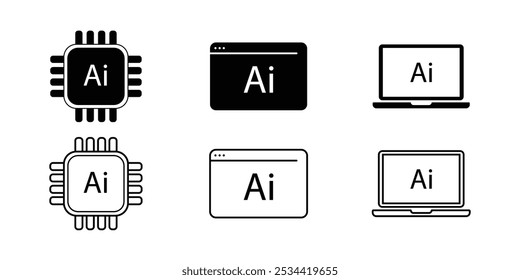 Artificial intelligence AI processor chip icon.AI Processor circuit vector set.Mini AI CPU icon in flat style thin line icon collection on white background.Vector illustration