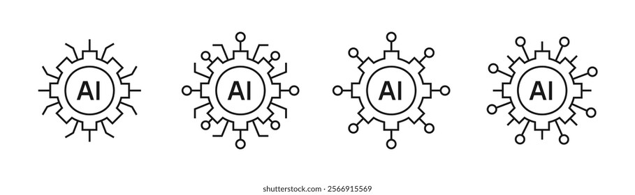 Artificial intelligence. AI processor chip with gear icon line symbol. Circle Ai logo. Editable stroke vector illustration