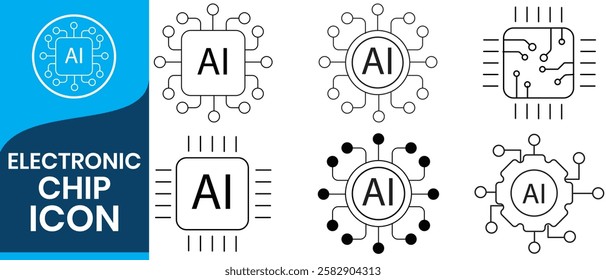 Artificial intelligence AI processor chip icon.AI Processor circuit vector set. Electronic chip. Mini AI CPU icon in flat style thin line icon collection on white background. Vector illustration.