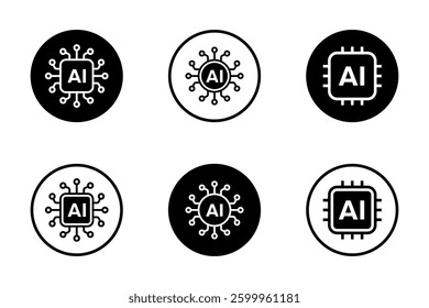 Artificial intelligence AI processor chip black line icon set. AI Processor circuit symbol logo. Mini AI CPU icon collection. Vector Illustration.