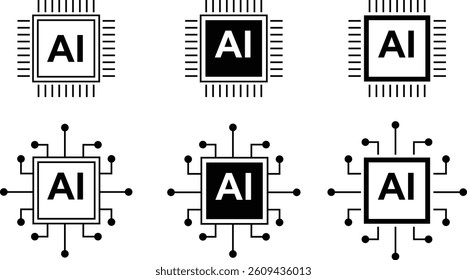 Artificial intelligence AI processor chip icon set. Artificial intelligence chip processor isolated on transparent background. Mini AI CPU icons for technology and computing. Vector illustration.