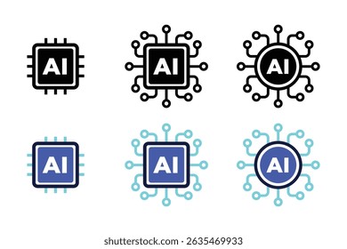 Inteligência artificial AI processador chip icon.AI Processador circuito vetor conjunto. Coleção de ícones do Mini AI CPU