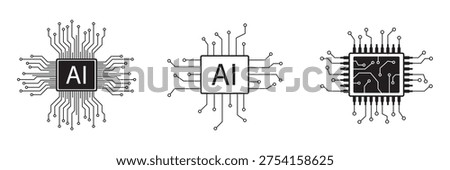 Artificial intelligence AI processor chip icon.AI Processor circuit vector set. Mini AI CPU icon collection. AI Microchip set, black and white color. Best Design. Vector illustration. EPS 10.