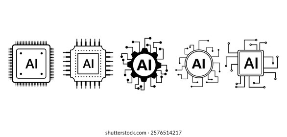 Artificial intelligence AI Processor set icons, AI circuit board chip, AI system square, round and gear shape icons chips set 