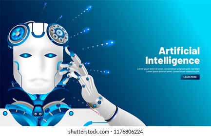 Artificial intelligence (AI) responsive web template design, Cyborg thinking on shiny blue background for Machine learning concept.