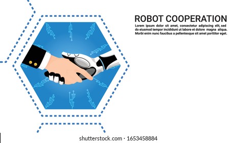 Inteligencia artificial (AI) Robot y hombre de negocios dan la mano juntos. Concepción de la futura ilustración empresarial. Tecnología vectorial. Pasos planos de diseño 10