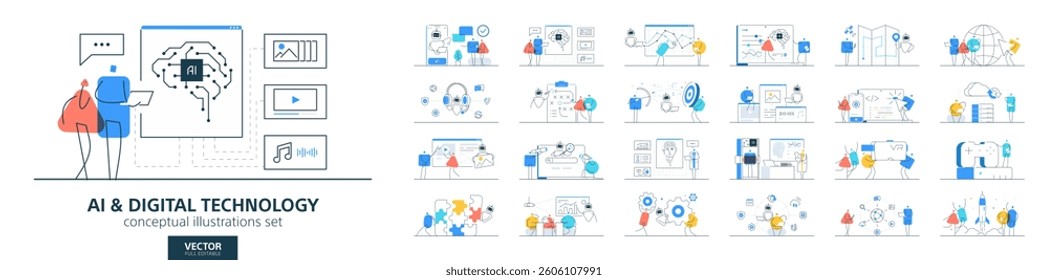 Artificial intelligence, AI robot, data technology in business. Flat vector line illustrations of people and machines work. Infographic, teamwork and tech concepts. Computer chatbot digital icon set