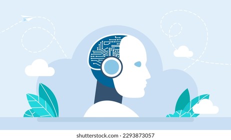 Artificial intelligence or AI. Robot. Futuristic electronic head. Virtual intellect brains. Artificial intelligence in humanoid head. AI with Digital Brain. The face of cyber mind. Vector illustration