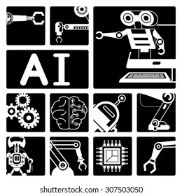 Artificial intelligence (AI), robot icons 