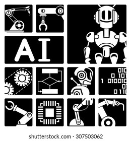 Artificial intelligence (AI), robot icons 