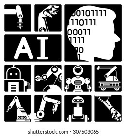 Artificial intelligence (AI), robot icons 