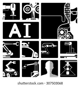 Artificial intelligence (AI), robot icons 