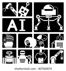 Artificial intelligence (AI), robot icons 