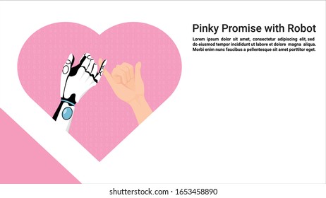 Artificial intelligence (AI) Robot and man make pinky promise together. Concept future relationship illustration. Vector technology. Flat design eps 10