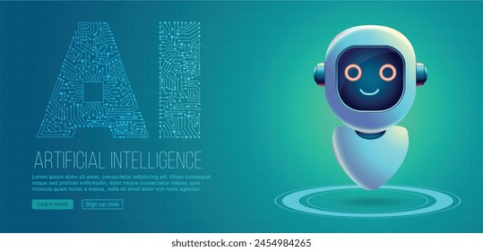 Artificial Intelligence (Ai), Robot on teal green background. AI digital 
circuitry title