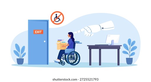 Artificial Intelligence AI robot is replacing disabled person. People was dismissed. Work discrimination of employee with disability. Job loss due to technological progress. Robotic process automation