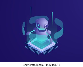 Artificial intelligence ai robot, server room, digital technology banner, computer equipment, big data processing, automated process isometric vector neon dark Artificial intelligence ai robot, server room, digital technology banner, computer equipment, big data processing, automated process isometric vector neon dark