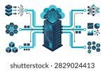 Artificial intelligence AI server tower rack unit for data center processing vector illustration.