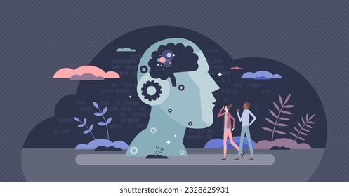 Artificial intelligence and AI as smart technology tiny person concept. Machine neural thinking and information processing as modern invention for human and robot partnership vector illustration.