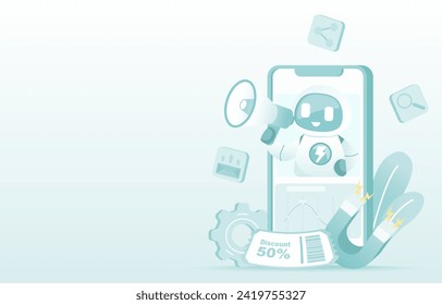 Artificial Intelligence (AI) technology and advertisement concept. Online creativity content, promotion campaign, discount voucher, attract customer satisfaction. Flat vector illustration copy space.