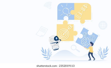 Artificial intelligence (AI) technology and assemble jigsaw puzzle strategy. Collaboration, tactical planning, solving problem, competition, opportunity, goals, target to business success.