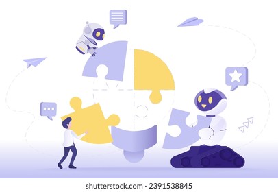 Artificial intelligence (AI) technology and assemble jigsaw puzzle strategy. Collaboration, problem solving, creative thinking, planning, brainstorming and management to complete success. 