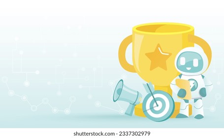 Tecnología de Inteligencia Artificial (AI) e ideas de negocios. El trofeo simboliza el éxito de los negocios, el premio, la recompensa, el triunfo. Ilustración de diseño de vector plano con espacio de copia.
