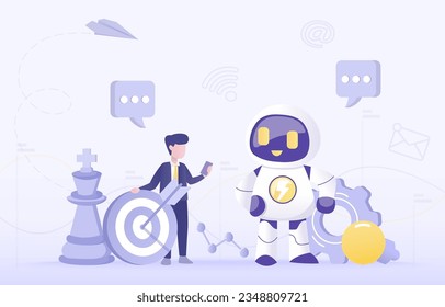 Artificial Intelligence (AI) technology and business strategy. Collaboration between human and ai robot to achieve success. Management strategy planning, brainstorming, thinking. Vector  illustration