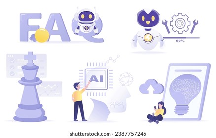 Artificial Intelligence (AI) technology and business ideas collection. FAQ concept, repair, strategy planning, support, data, analysis, brainstorming and innovation. Flat vector design illustration.