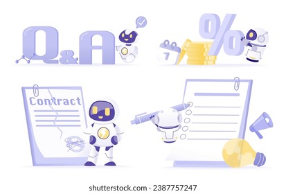 Artificial Intelligence (AI) technology and business ideas collection set. Questions and answers about the AI robot scene, financial management, contract tearing, checking list on paper. 
