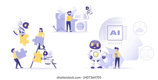 Conjunto de recopilación de tecnología de Inteligencia Artificial (AI) y de ideas empresariales. Colaboración entre robots humanos y AI, rompecabezas completas, innovación, soporte, evolución, envío de cupones vales.
