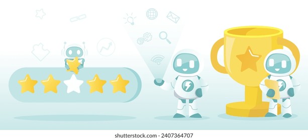 Artificial Intelligence (AI) technology and business ideas collection set. Customer satisfaction, star rating, online content, experience, skill, strategy management. Flat vector design illustration.