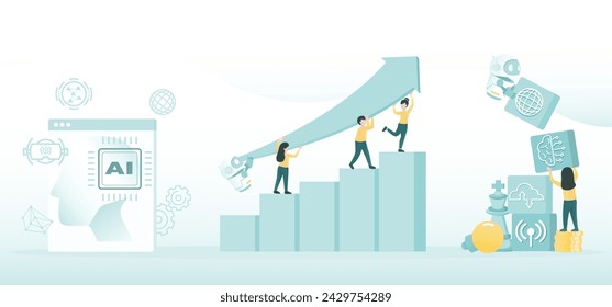 Artificial Intelligence (AI) technology and business ideas collection set. Collaboration between human and AI robot, building boxes, goal setting, innovation. Flat vector design illustration.