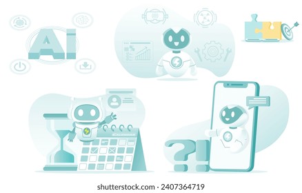 Conjunto de colección de tecnología de Inteligencia Artificial (AI). Conexión en línea, gestión del tiempo, comunicación, intercambio e información. Ilustración de diseño de vector plano.