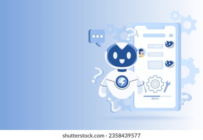 Artificial Intelligence (AI) technology and communication concept. AI robot assistance, help, support, repair, develop, research by chatting. Flat vector design illustration with copy space.
