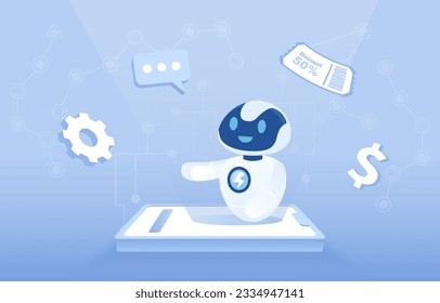 Artificial Intelligence (AI) technology concept. AI robots facilitate customer interactions by discount vouchers, special promotions, management strategy, communication.