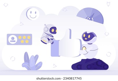Artificial Intelligence (AI) technology concept. AI robots holding a thumbs-up symbolizing positive feedback and review from customers to improve product or service. Flat vector design illustration.